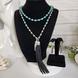 Boho Silver Long Necklace Earrings and Set Turquoise Wood Feather Charm Tassel